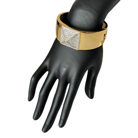 18K Gold Plated CZ Paved Pyramid Wide Bangle Cuff Bracelet For Women - Picture 9 of 10